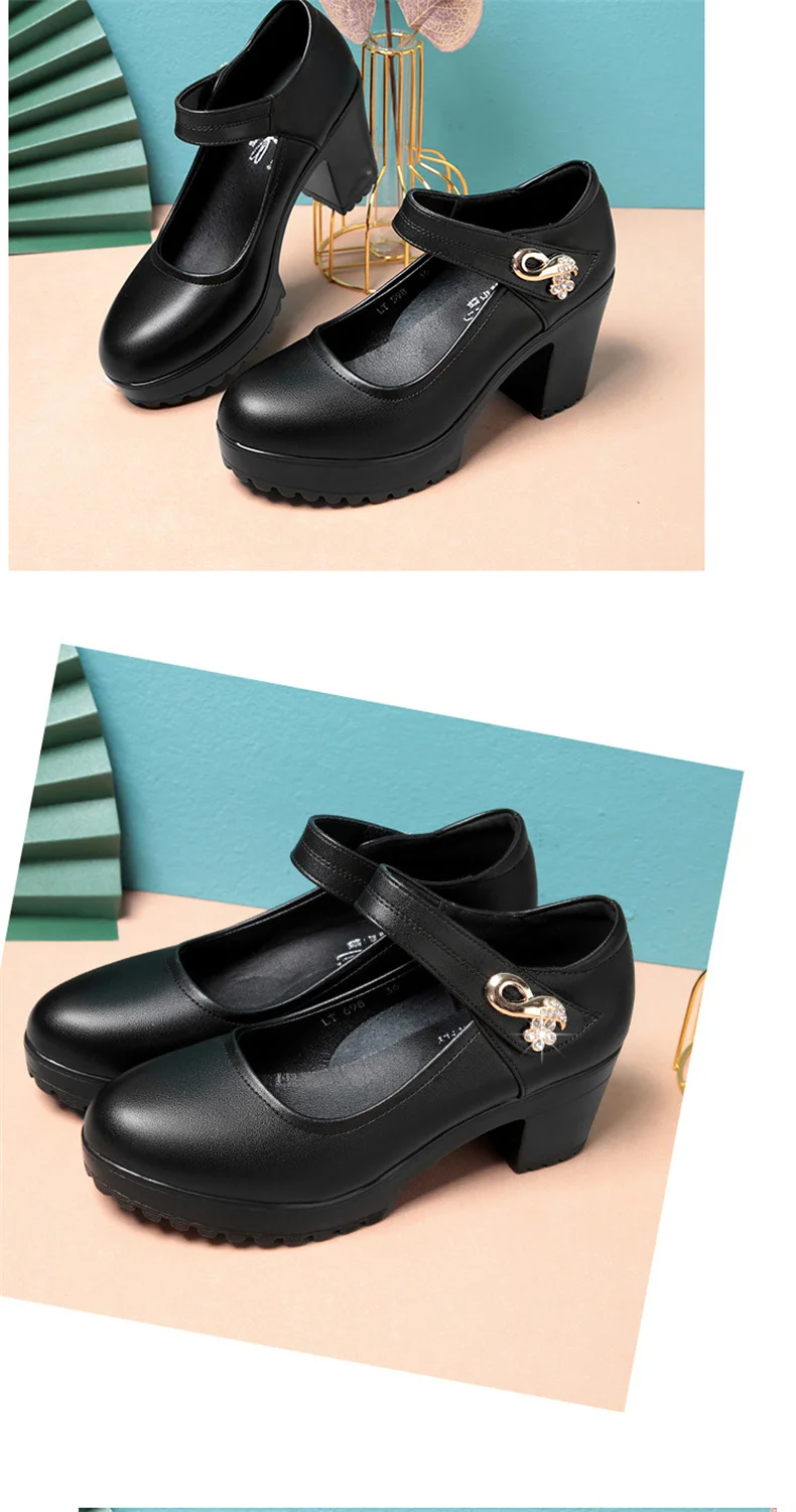 Fashion Non-slip Thick Sole Block Heel Sweet Light Weight High Quality Black Soft Leather Square Heel Model Women Shoes