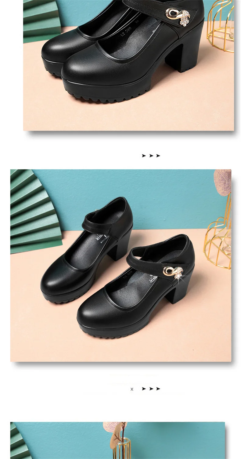 Fashion Non-slip Thick Sole Block Heel Sweet Light Weight High Quality Black Soft Leather Square Heel Model Women Shoes
