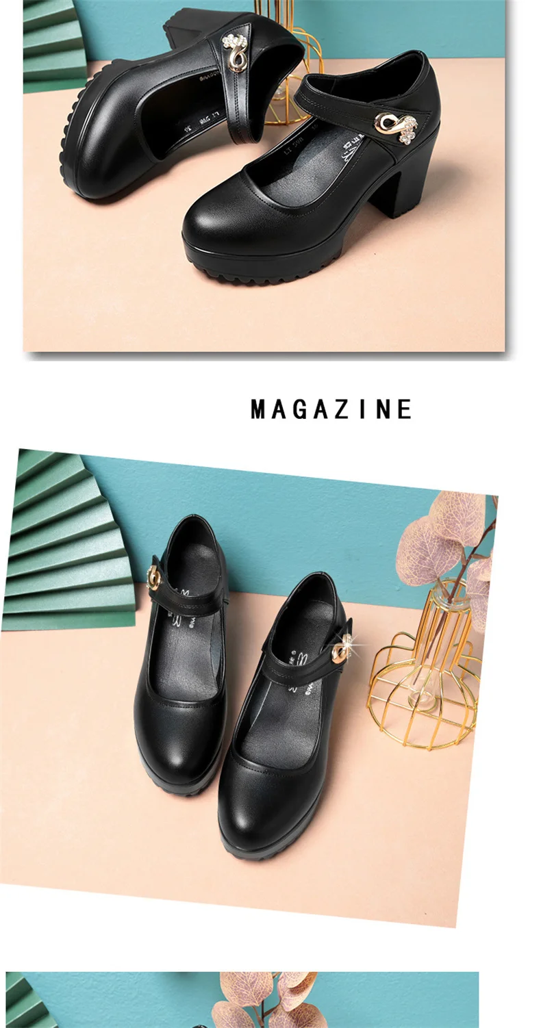 Fashion Non-slip Thick Sole Block Heel Sweet Light Weight High Quality Black Soft Leather Square Heel Model Women Shoes