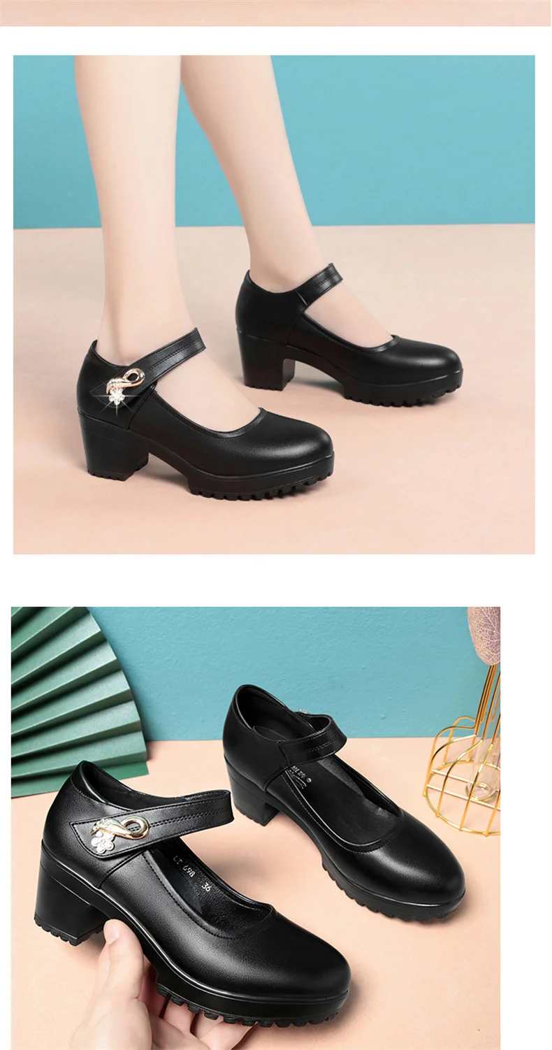 Fashion Non-slip Thick Sole Block Heel Sweet Light Weight High Quality Black Soft Leather Square Heel Model Women Shoes