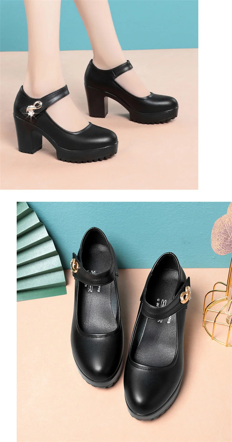 Fashion Non-slip Thick Sole Block Heel Sweet Light Weight High Quality Black Soft Leather Square Heel Model Women Shoes