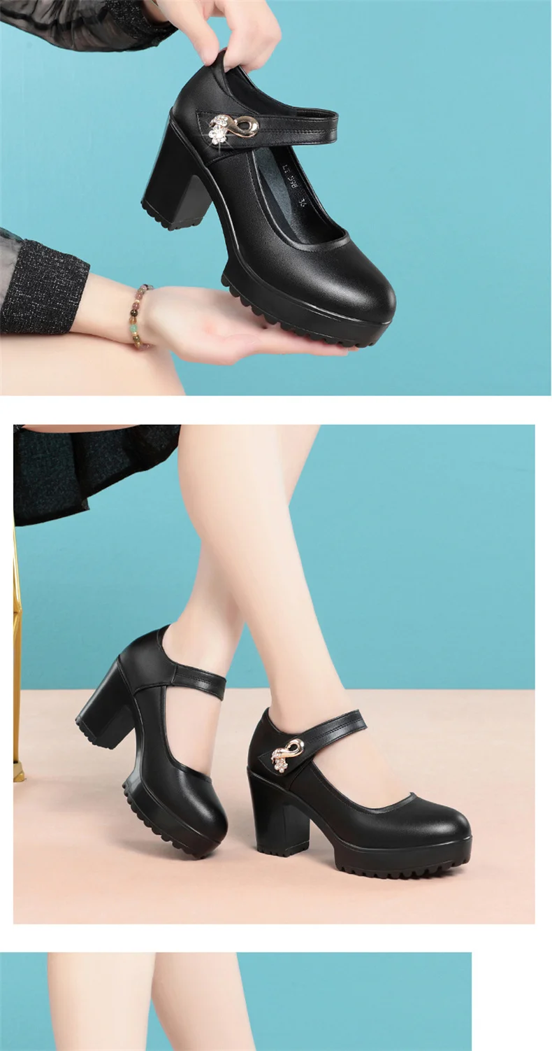 Fashion Non-slip Thick Sole Block Heel Sweet Light Weight High Quality Black Soft Leather Square Heel Model Women Shoes