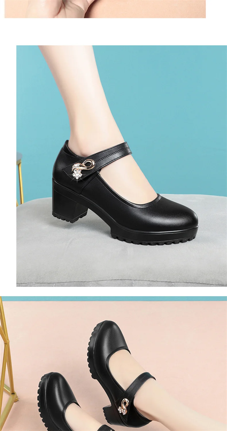 Fashion Non-slip Thick Sole Block Heel Sweet Light Weight High Quality Black Soft Leather Square Heel Model Women Shoes