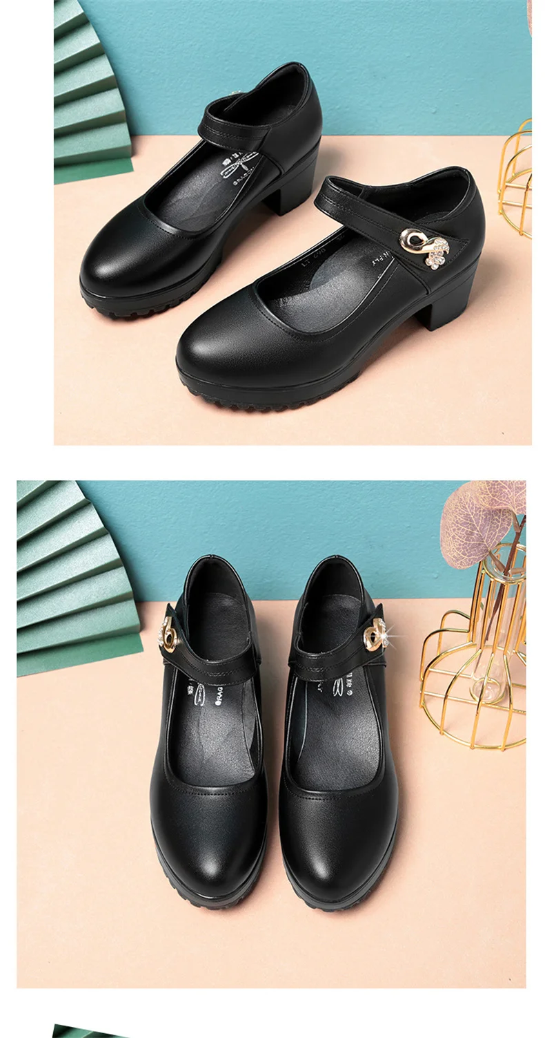 Fashion Non-slip Thick Sole Block Heel Sweet Light Weight High Quality Black Soft Leather Square Heel Model Women Shoes