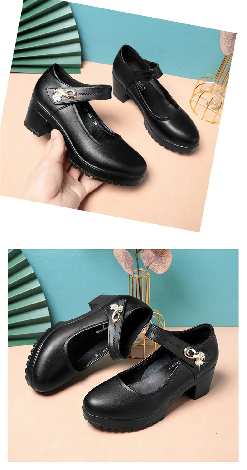 Fashion Non-slip Thick Sole Block Heel Sweet Light Weight High Quality Black Soft Leather Square Heel Model Women Shoes