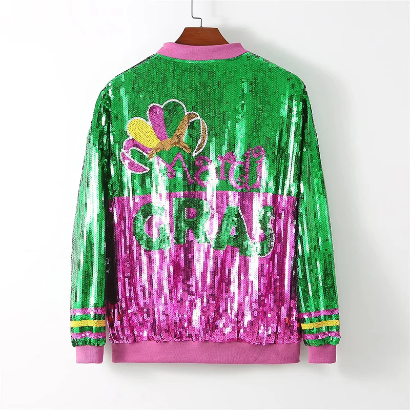 Mardi Gras Clothes Green Gold Purple Reversible Full Customize Sequin Bomber Jackets