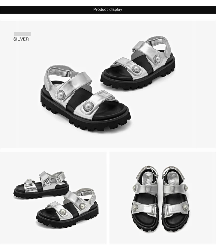 BEAUTODAY Casual Platform Sandals Women Genuine Leather Silver Solid Thick Sole Outdoor Summer Beach Ladies Shoes Handmade 38537
