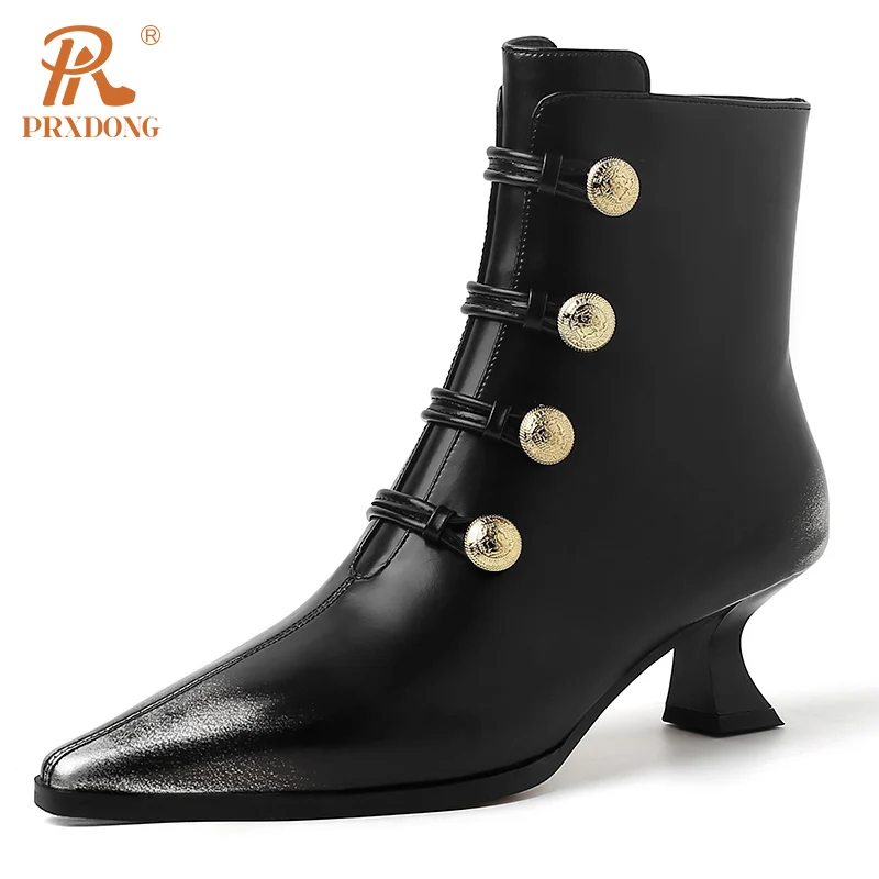 Women Boots 2024 Genuine Leather Med Heels Pointed Toe Black Brown Zipper Dress Party Retro Female ANkle Boots Autumn WInter 40