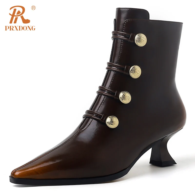 Women Boots 2024 Genuine Leather Med Heels Pointed Toe Black Brown Zipper Dress Party Retro Female ANkle Boots Autumn WInter 40