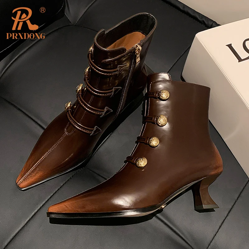Women Boots 2024 Genuine Leather Med Heels Pointed Toe Black Brown Zipper Dress Party Retro Female ANkle Boots Autumn WInter 40
