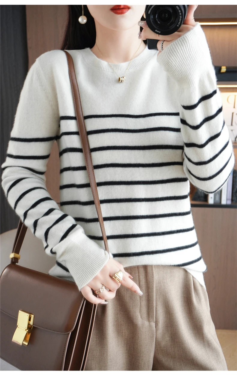 Spring And Autumn Striped Sweater Women's New Loose Crew-Neck Pullover Long Sleeve With Bottom Wool Sweater2024