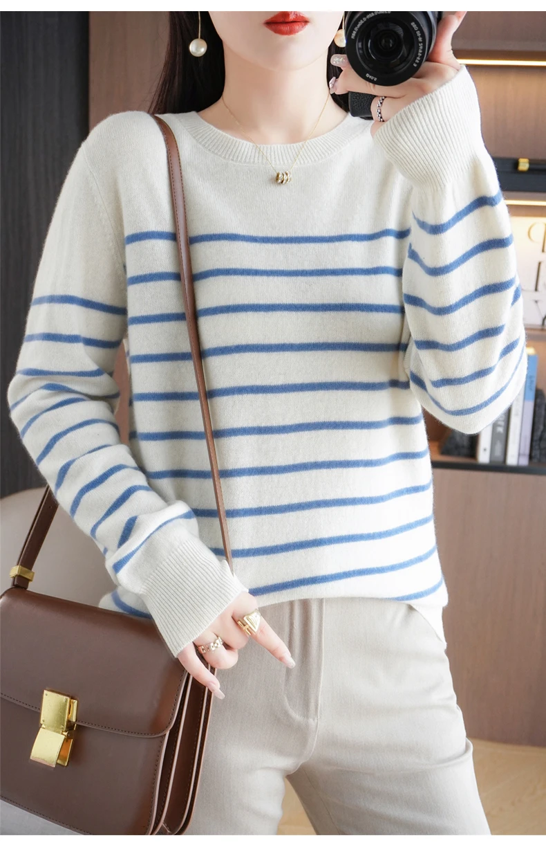 Spring And Autumn Striped Sweater Women's New Loose Crew-Neck Pullover Long Sleeve With Bottom Wool Sweater2024