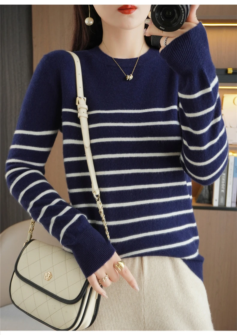 Spring And Autumn Striped Sweater Women's New Loose Crew-Neck Pullover Long Sleeve With Bottom Wool Sweater2024