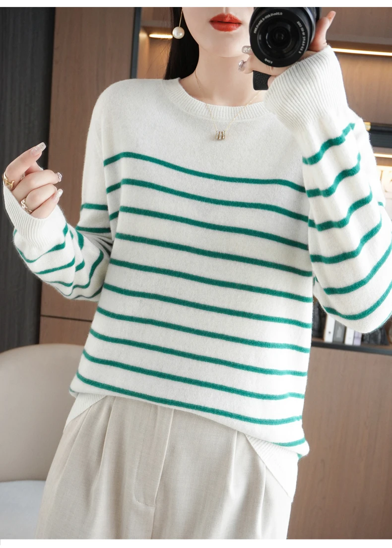 Spring And Autumn Striped Sweater Women's New Loose Crew-Neck Pullover Long Sleeve With Bottom Wool Sweater2024