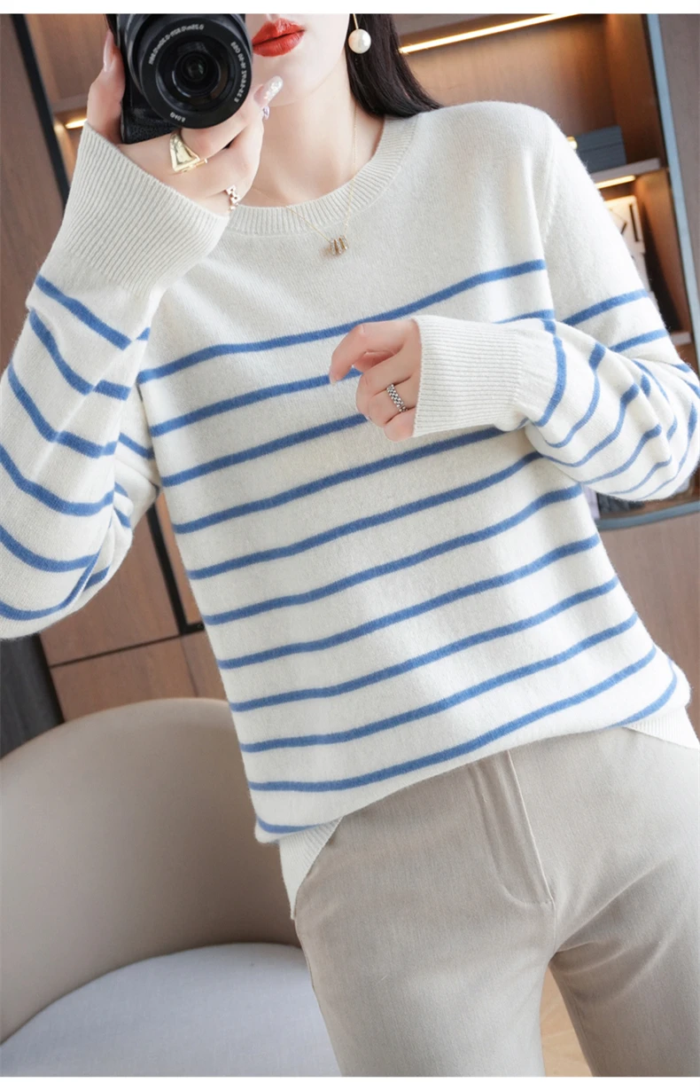Spring And Autumn Striped Sweater Women's New Loose Crew-Neck Pullover Long Sleeve With Bottom Wool Sweater2024