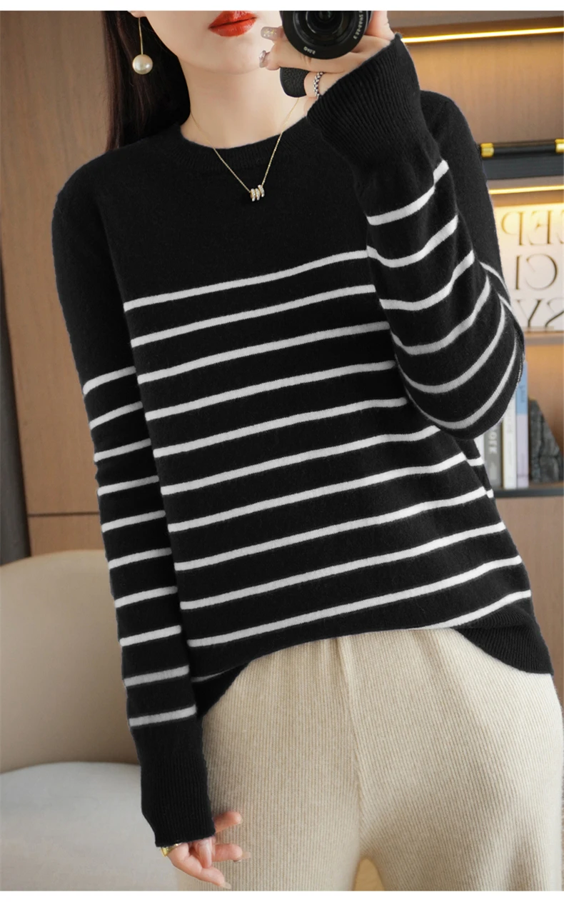 Spring And Autumn Striped Sweater Women's New Loose Crew-Neck Pullover Long Sleeve With Bottom Wool Sweater2024