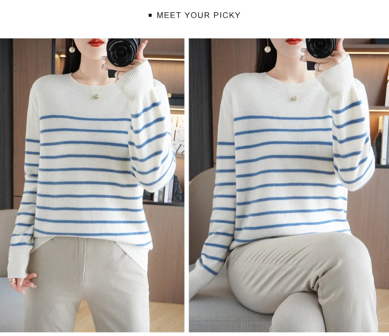 Spring And Autumn Striped Sweater Women's New Loose Crew-Neck Pullover Long Sleeve With Bottom Wool Sweater2024