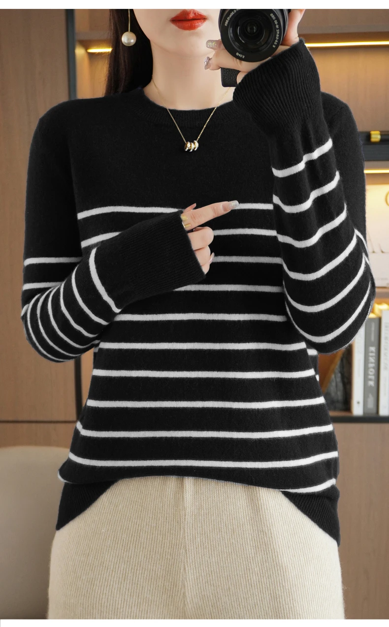 Spring And Autumn Striped Sweater Women's New Loose Crew-Neck Pullover Long Sleeve With Bottom Wool Sweater2024
