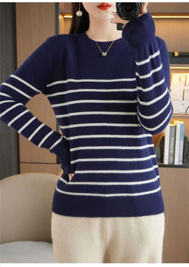 Spring And Autumn Striped Sweater Women's New Loose Crew-Neck Pullover Long Sleeve With Bottom Wool Sweater2024