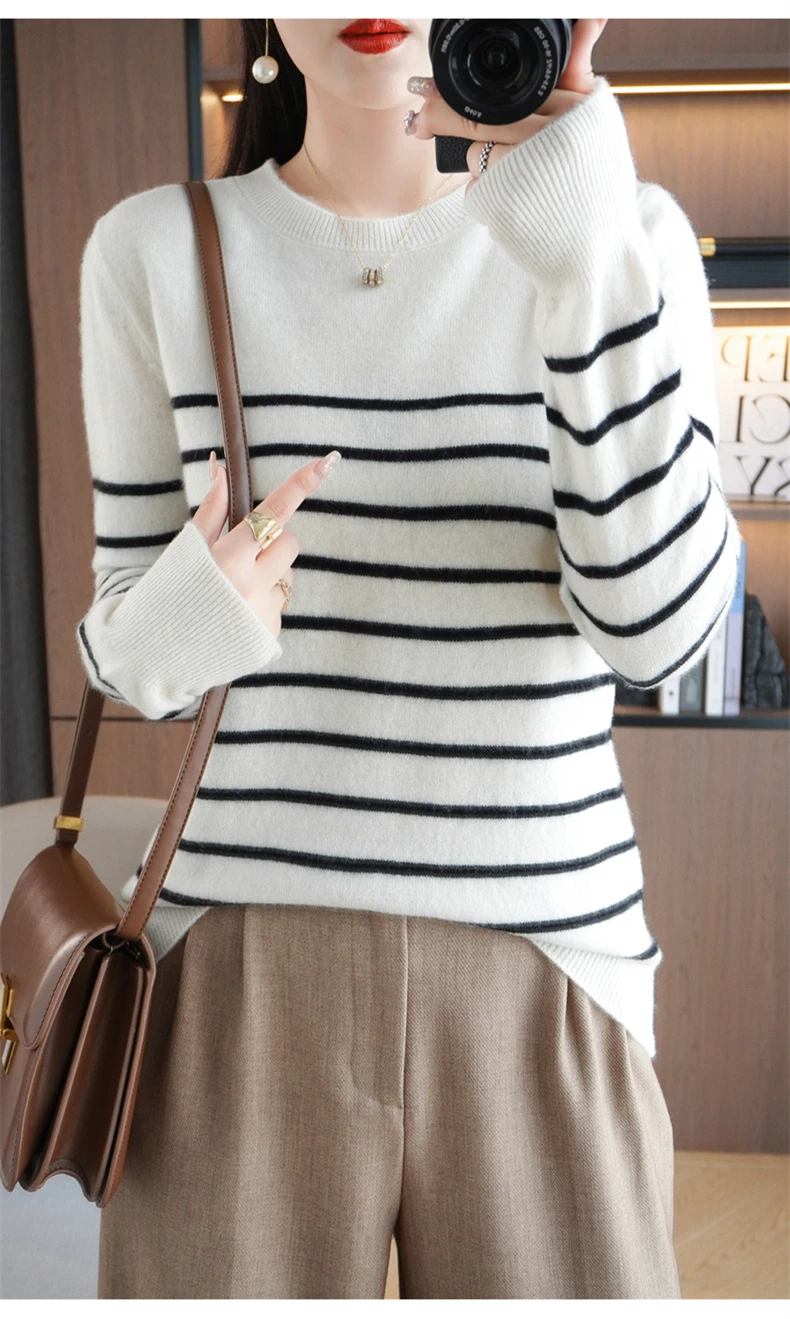 Spring And Autumn Striped Sweater Women's New Loose Crew-Neck Pullover Long Sleeve With Bottom Wool Sweater2024
