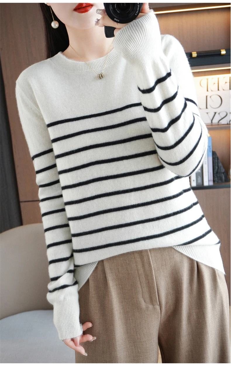 Spring And Autumn Striped Sweater Women's New Loose Crew-Neck Pullover Long Sleeve With Bottom Wool Sweater2024