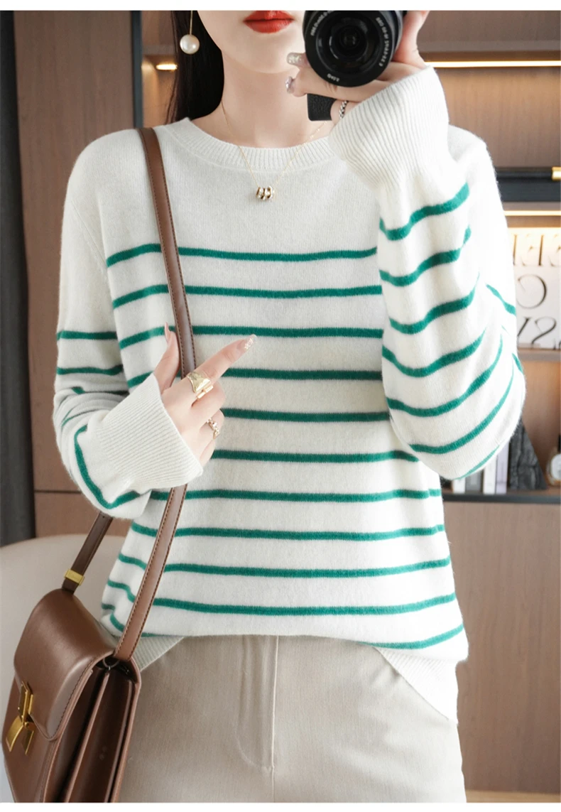 Spring And Autumn Striped Sweater Women's New Loose Crew-Neck Pullover Long Sleeve With Bottom Wool Sweater2024