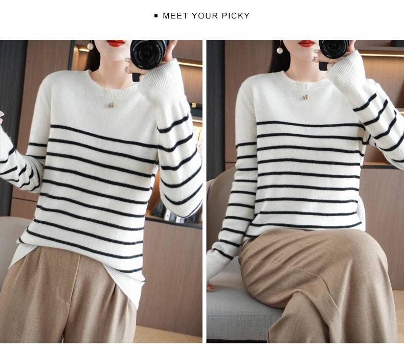 Spring And Autumn Striped Sweater Women's New Loose Crew-Neck Pullover Long Sleeve With Bottom Wool Sweater2024