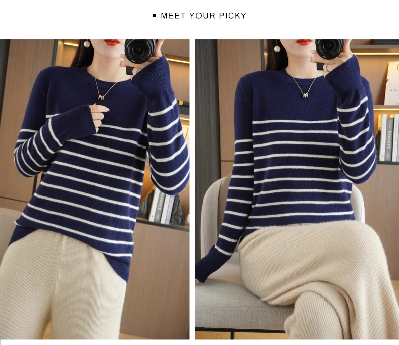 Spring And Autumn Striped Sweater Women's New Loose Crew-Neck Pullover Long Sleeve With Bottom Wool Sweater2024