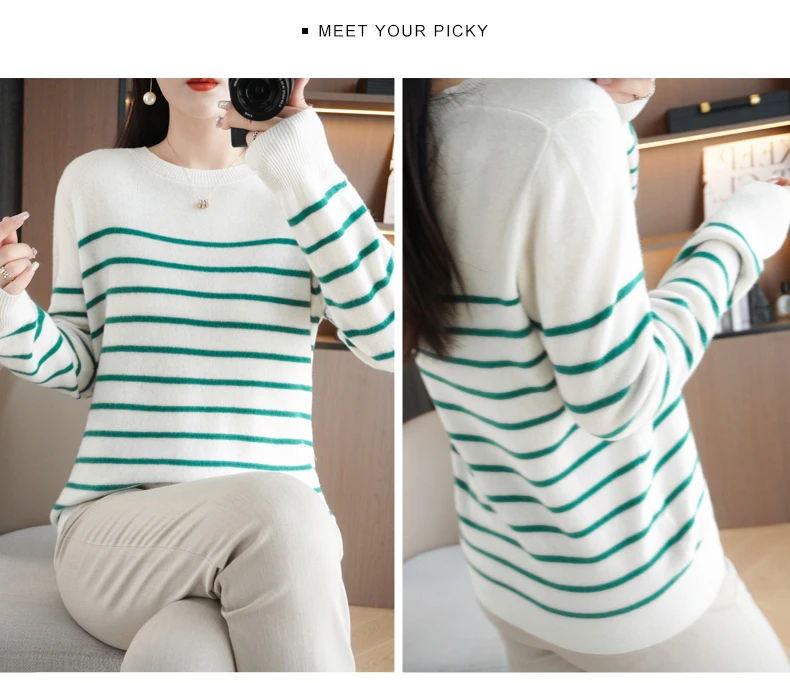 Spring And Autumn Striped Sweater Women's New Loose Crew-Neck Pullover Long Sleeve With Bottom Wool Sweater2024