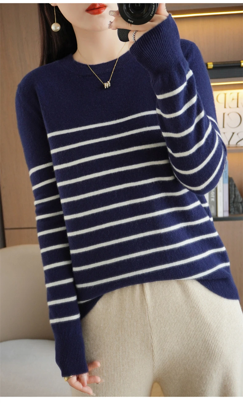 Spring And Autumn Striped Sweater Women's New Loose Crew-Neck Pullover Long Sleeve With Bottom Wool Sweater2024