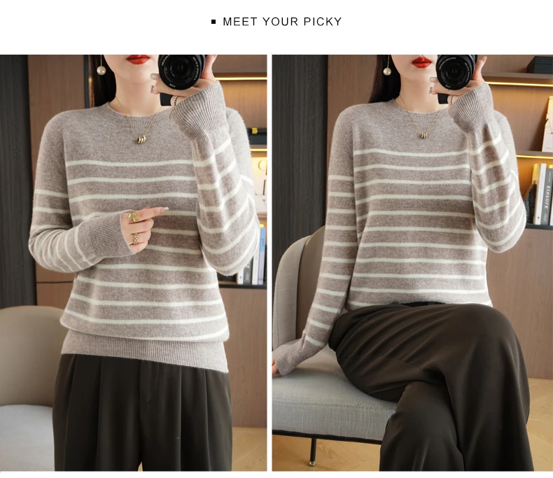 Spring And Autumn Striped Sweater Women's New Loose Crew-Neck Pullover Long Sleeve With Bottom Wool Sweater2024