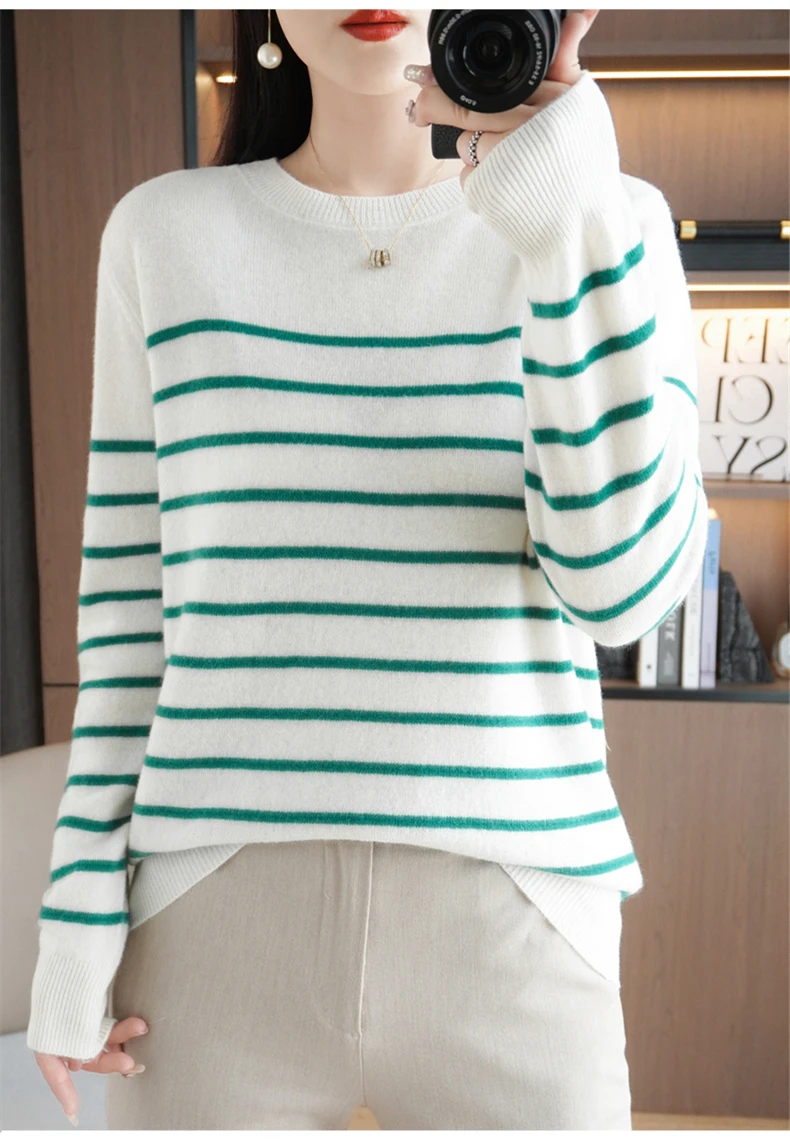 Spring And Autumn Striped Sweater Women's New Loose Crew-Neck Pullover Long Sleeve With Bottom Wool Sweater2024