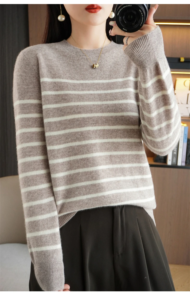Spring And Autumn Striped Sweater Women's New Loose Crew-Neck Pullover Long Sleeve With Bottom Wool Sweater2024