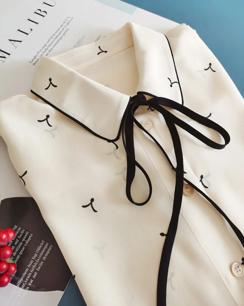Birdtree 100%Real Silk Women Lace-up Shirt Bow Collar Vintage Print Long Sleeve Commute Blouse Office Lady 2024 Spring T41115QM