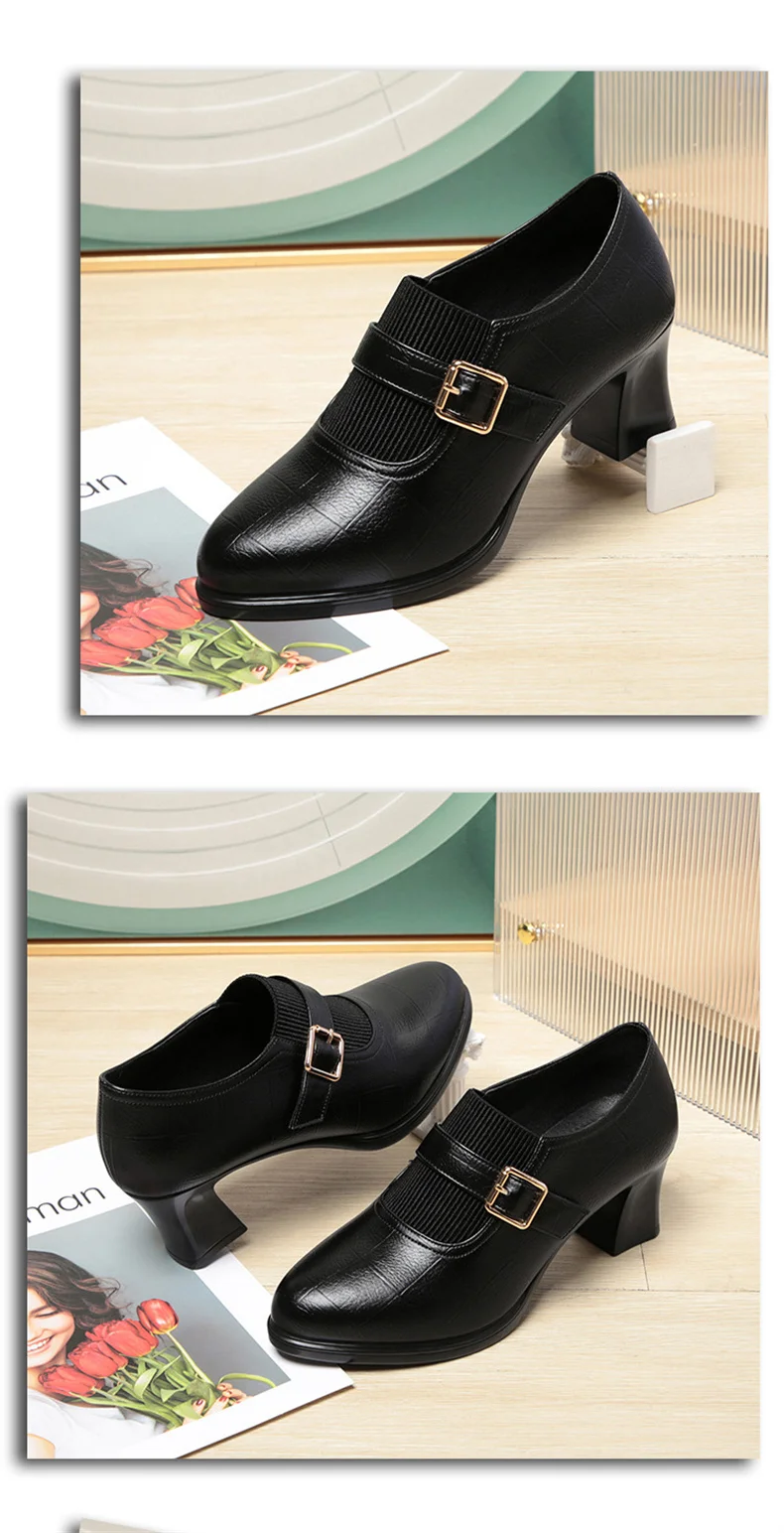 Autumn Fashion Comfort Deep Mouth Soft Leather Shoes Women Pumps 2024 Spring Block Heels Shoes for Office Mom Model Daily
