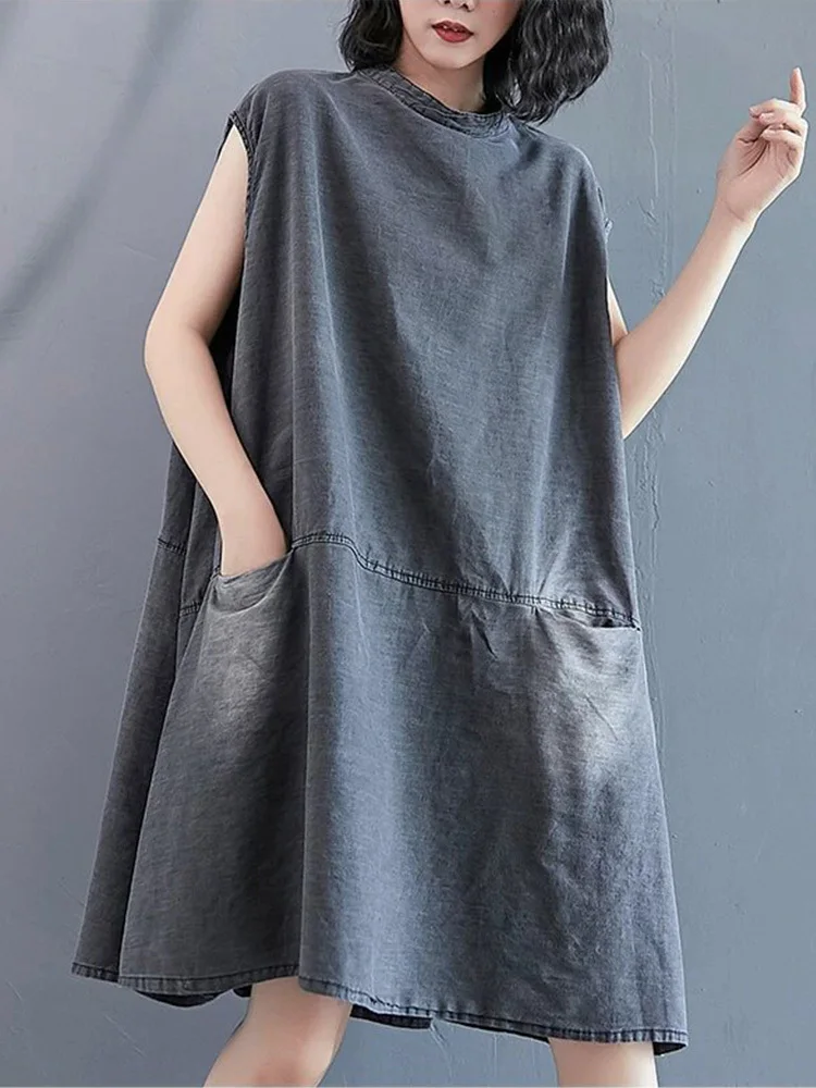 Amax luluE 2026 Summer Womens Fashion Sleeveless Loose Denim Mini Dresses Ladies Luxury Casual Vintage Oversized Cotton Vestidos