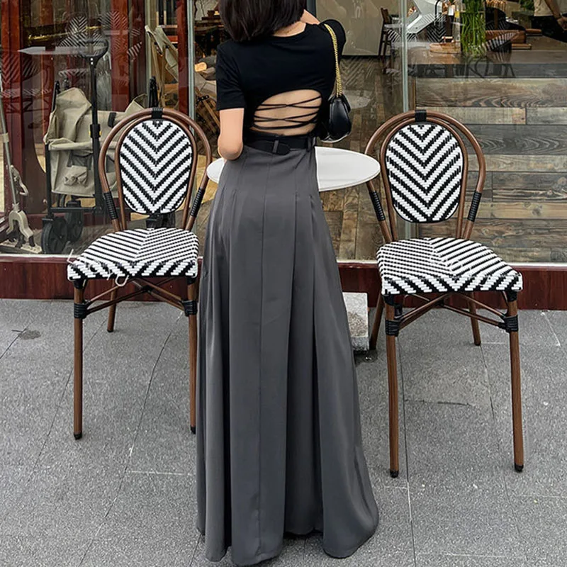Lucyever Vintage Streetwear Pleated Long Skirts Women Elegant with Belt High Waisted Skirts Female Temperament Midi Suit Skirt
