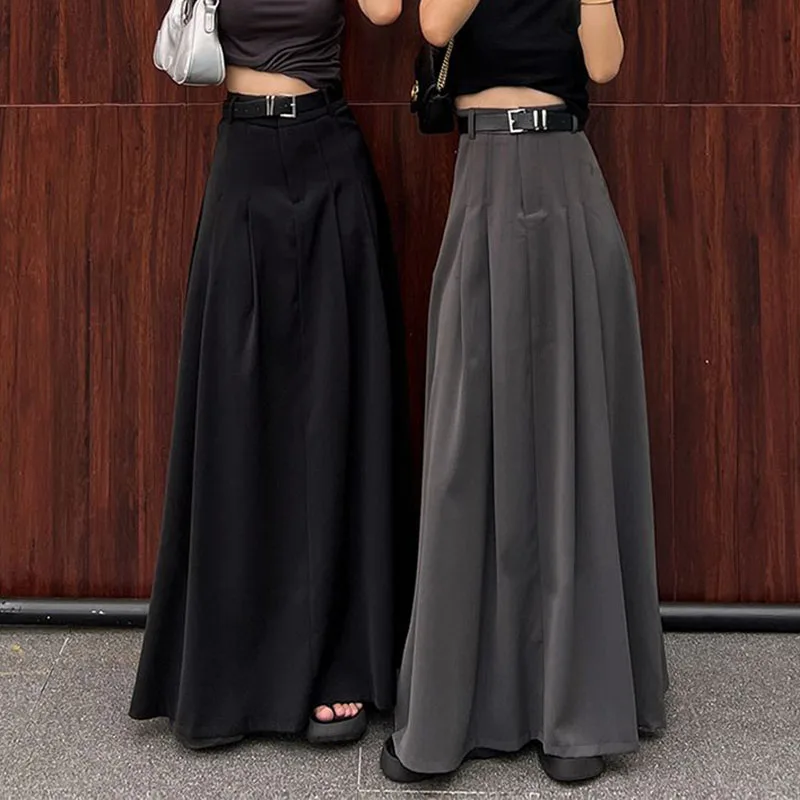 Lucyever Vintage Streetwear Pleated Long Skirts Women Elegant with Belt High Waisted Skirts Female Temperament Midi Suit Skirt