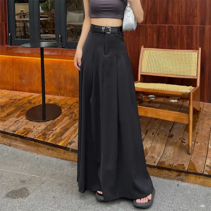 Lucyever Vintage Streetwear Pleated Long Skirts Women Elegant with Belt High Waisted Skirts Female Temperament Midi Suit Skirt