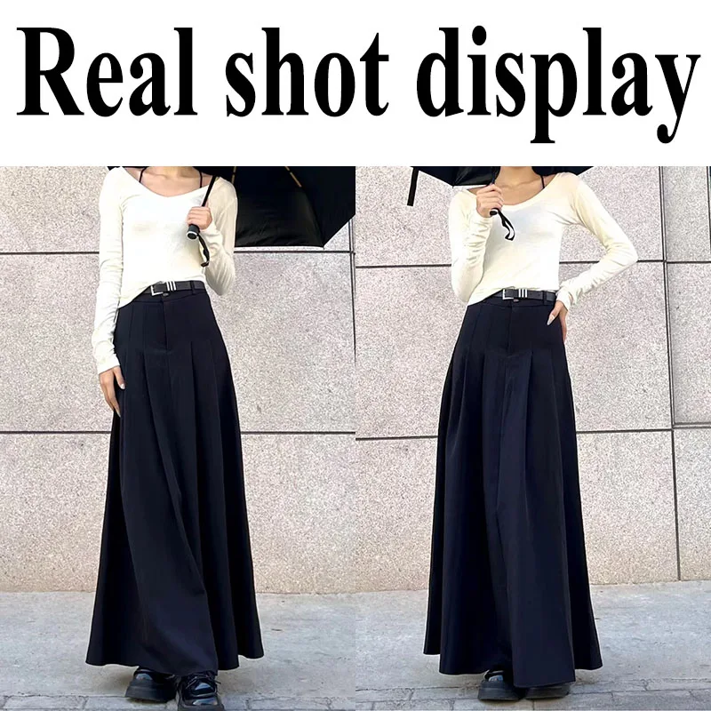 Lucyever Vintage Streetwear Pleated Long Skirts Women Elegant with Belt High Waisted Skirts Female Temperament Midi Suit Skirt