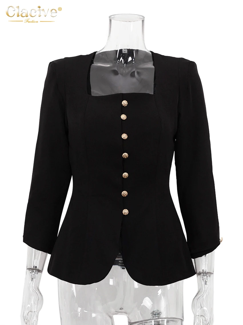 Clacive Bodycon Black Office Women's Shirt Fashion Square Collar Long Sleeve Shirts Elegant Classic Solid Tops Female Clothing