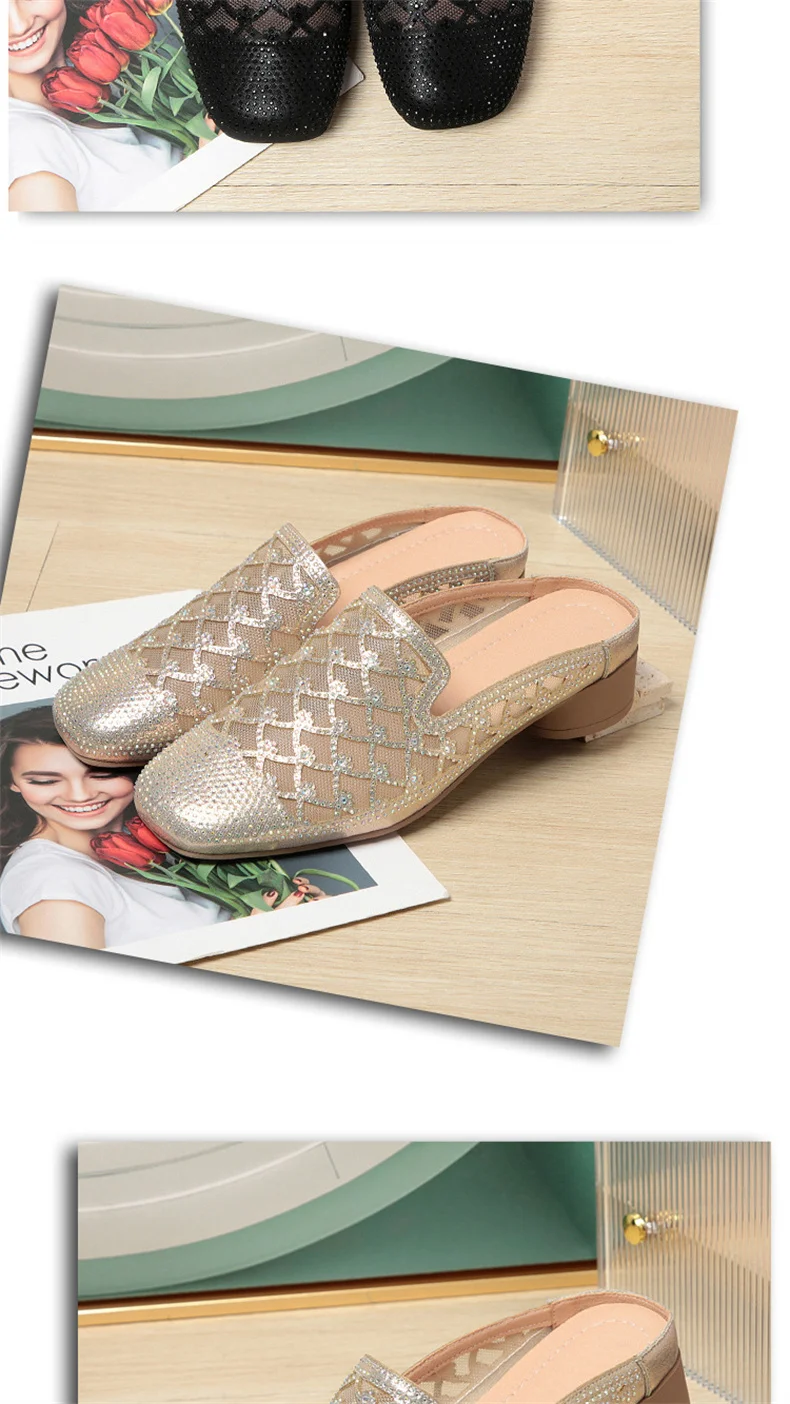 Summer 2024 Fashion Rhinestone Close Head Cutout Slippers Women Mules Breathable Slingback Soft Bottom  Casual Shoes