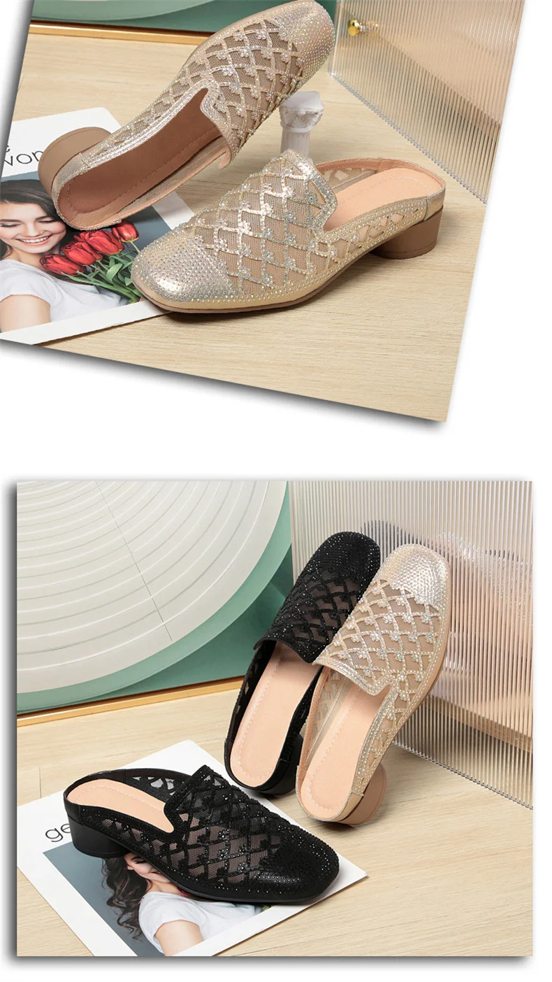 Summer 2024 Fashion Rhinestone Close Head Cutout Slippers Women Mules Breathable Slingback Soft Bottom  Casual Shoes
