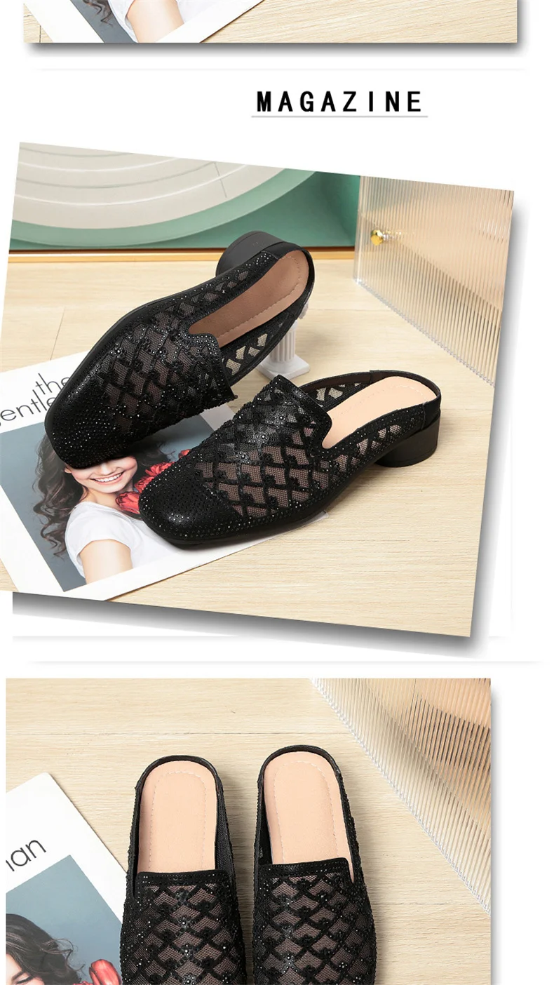 Summer 2024 Fashion Rhinestone Close Head Cutout Slippers Women Mules Breathable Slingback Soft Bottom  Casual Shoes