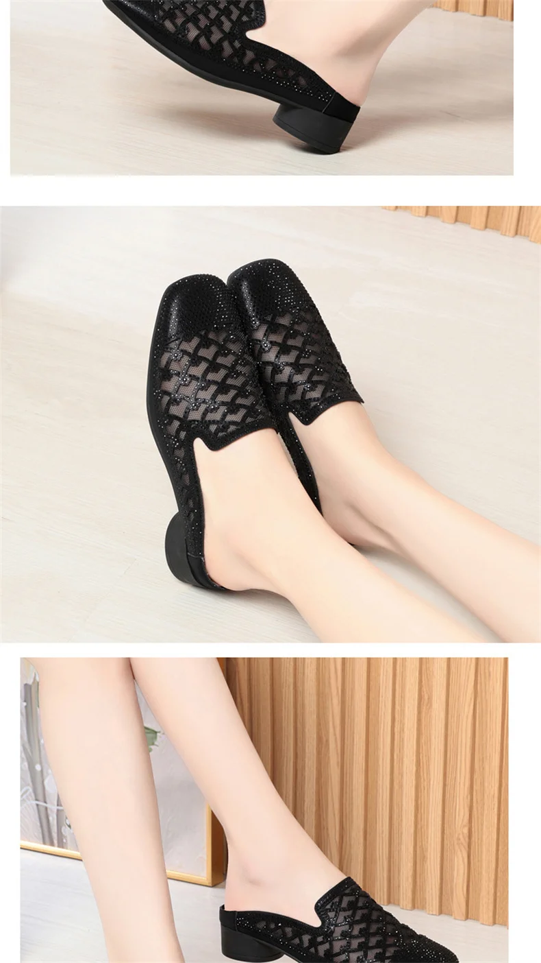 Summer 2024 Fashion Rhinestone Close Head Cutout Slippers Women Mules Breathable Slingback Soft Bottom  Casual Shoes