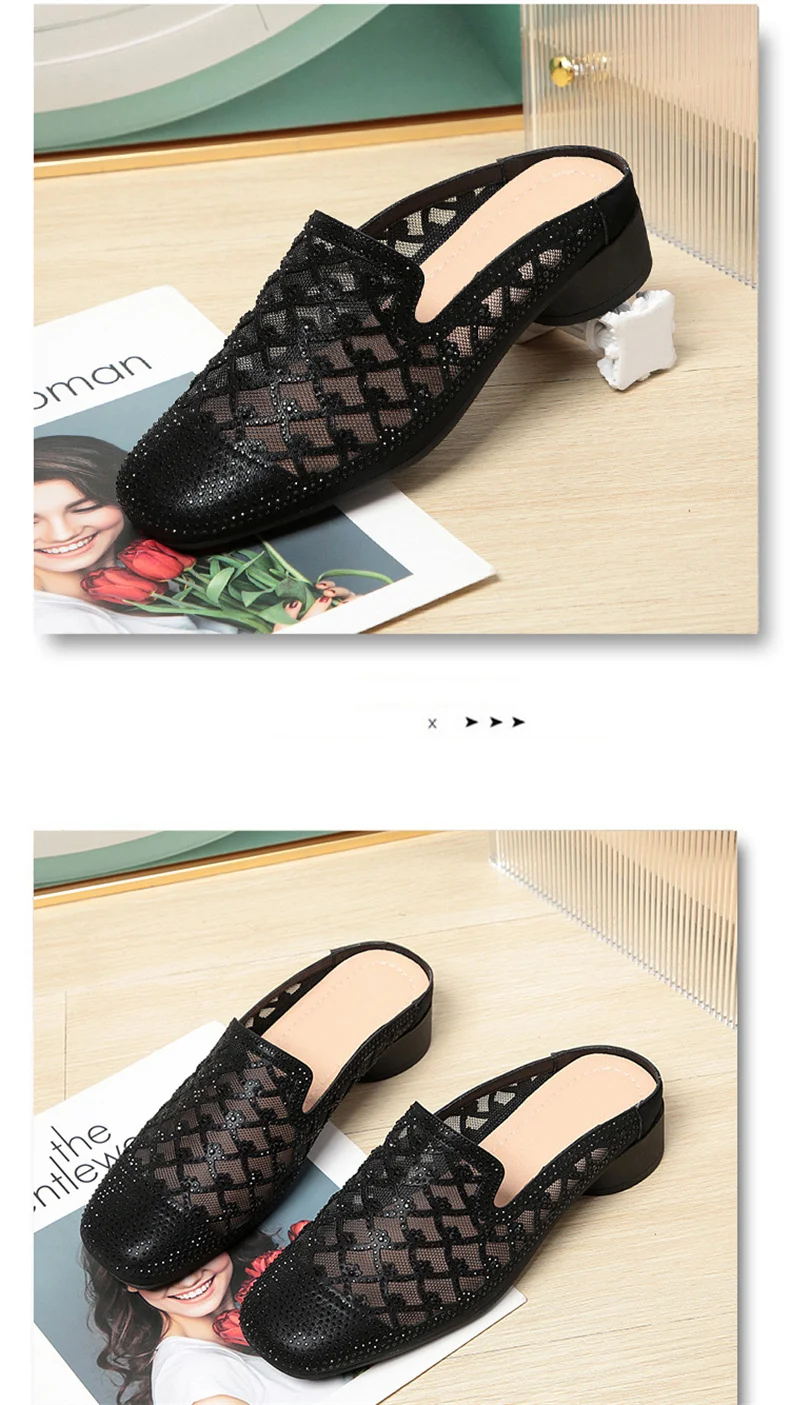 Summer 2024 Fashion Rhinestone Close Head Cutout Slippers Women Mules Breathable Slingback Soft Bottom  Casual Shoes