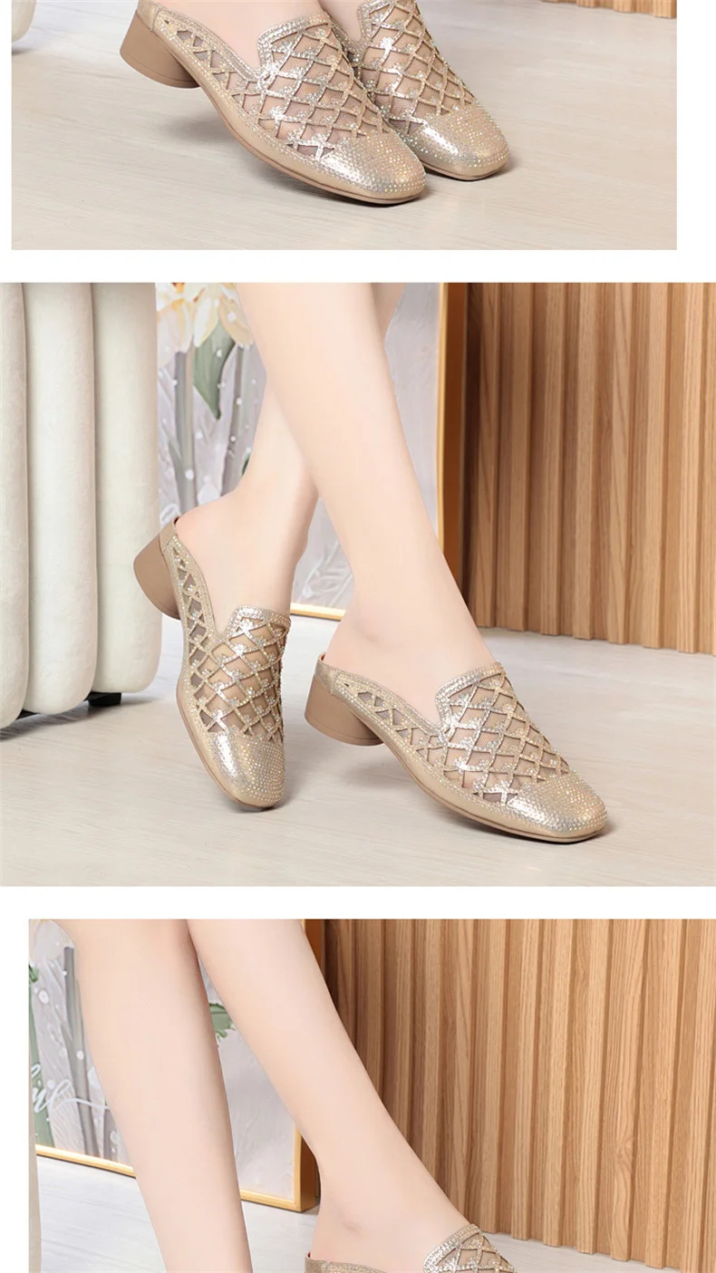 Summer 2024 Fashion Rhinestone Close Head Cutout Slippers Women Mules Breathable Slingback Soft Bottom  Casual Shoes
