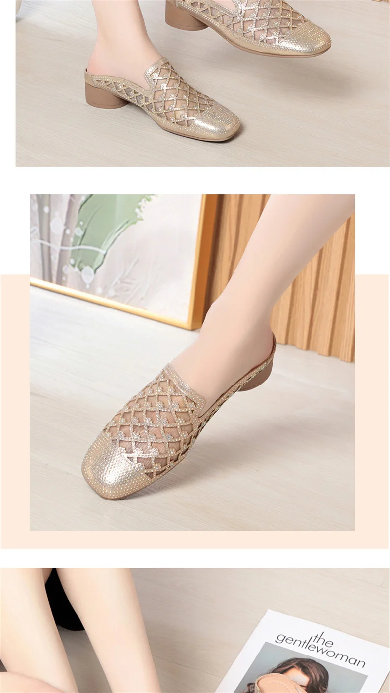 Summer 2024 Fashion Rhinestone Close Head Cutout Slippers Women Mules Breathable Slingback Soft Bottom  Casual Shoes