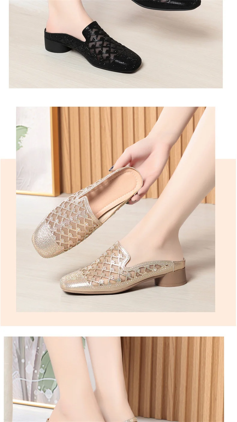 Summer 2024 Fashion Rhinestone Close Head Cutout Slippers Women Mules Breathable Slingback Soft Bottom  Casual Shoes