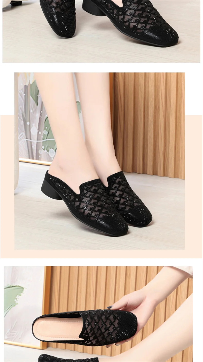Summer 2024 Fashion Rhinestone Close Head Cutout Slippers Women Mules Breathable Slingback Soft Bottom  Casual Shoes